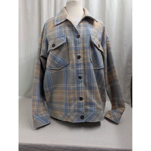 Boston Traders women's XL blue tan white plaid shacket earth tones button G7 - Picture 9 of 10